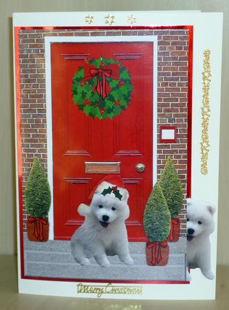 Samoyed Puppy Christmas Door Step by VALERIE BOYLE