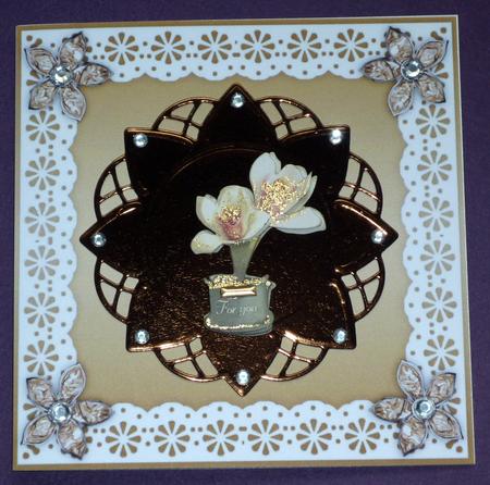 Bejewelled Flower and Lace Square Card Front in Coffee by VALERIE BOYLE
