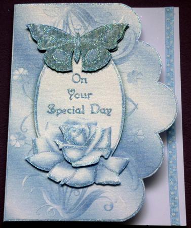 Special Day Blue Rose and Butterfly Scalloped Edge Card by VALERIE BOYLE