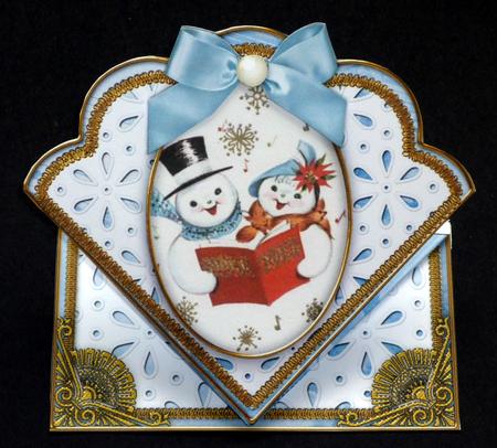 Singing Snowmen Anglaise Scallop Spring Decoupage Card by VALERIE BOYLE