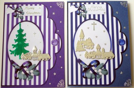 Christmas Stripes in Blue and Purple Scalloped Card Fronts by VALERIE BOYLE