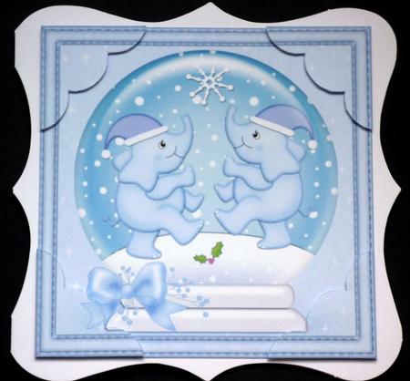 8 x 8 Xmas Elephants Snowglobe Scalloped Corner Topper by VALERIE BOYLE
