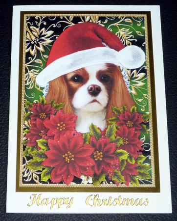 Santa King Charles Spaniel Puppy Dog - Poinsettia Flowers 3 by VALERIE BOYLE
