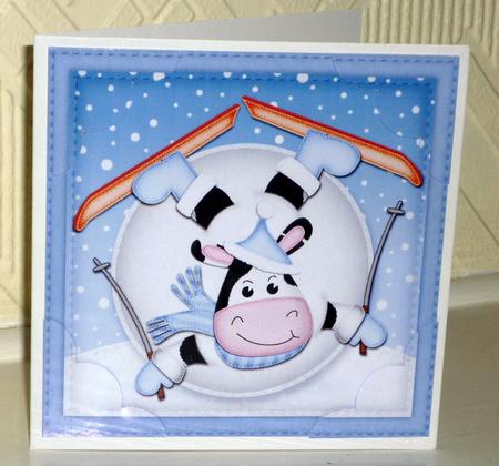 8 x 8 Xmas Oops Milly Moo Snowball Scalloped Corner Topper by VALERIE BOYLE