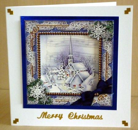 Blue Church Snow Ornate Square Card Front and Frame by VALERIE BOYLE