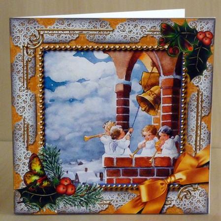 Angels Bell Pulling Holly Square Card Front and Frame by VALERIE BOYLE