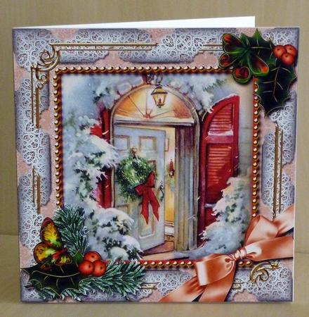 Christmas Welcome Door Holly Square Card Front and Frame by VALERIE BOYLE