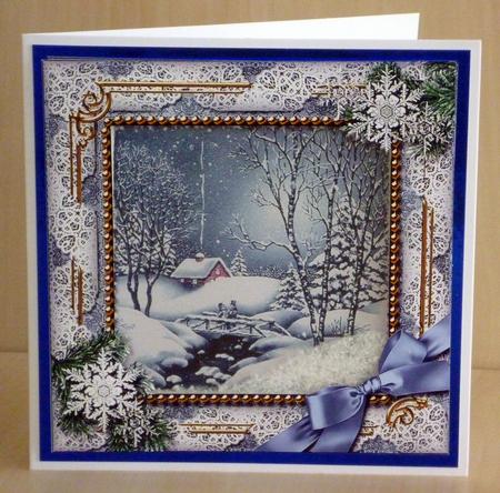 Blue Winter Walk Snow Ornate Square Card Front and Frame by VALERIE BOYLE