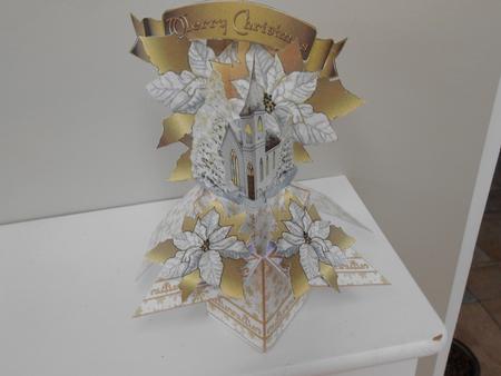 3D Pop-up Box- Gold Poinsettias & White Church by Valerie Cuthbertson