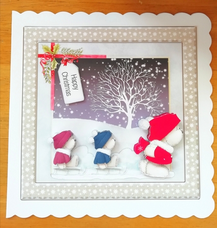 300dpi 6x6in Topper & Decoupage-Christmas Teddy pulling 2 smaller on a sleigh-snowy scene by Valerie ODonnell