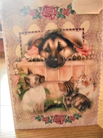 Cute Puppy with Kittens and Roses Open Book A4 by Valerie ODonnell