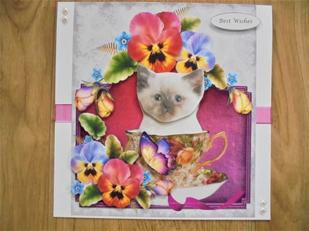 Kitten in a Tea Cup with Pansy's & Decoupage by Valerie ODonnell