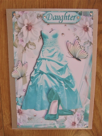 pretty turq party dress & shoes in floral frame A5 by Valerie ODonnell