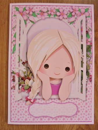 Pink Flower Window Girl A5 Card Topper & Decoupage by Valerie ODonnell