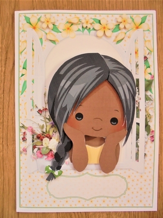 Yellow Flower Window Girl A5 Card Topper & Decoupage by Valerie ODonnell