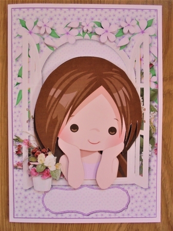 Lilac Flower Window Girl A5 Card Topper & Decoupage by Valerie ODonnell