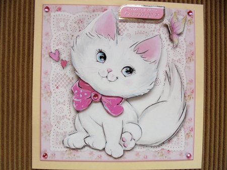 Cute Little Kitty On Pink Vintage Lace BG by Valerie ODonnell
