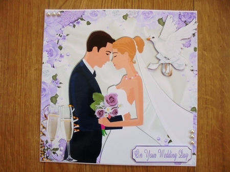 pretty purple flowers on satin with dove & wedding 8x8 by Valerie ODonnell