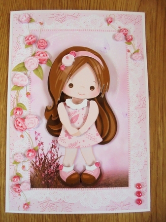Cute Little Pink Flowers Lady A5 Card Front and Decoupage by Valerie ODonnell