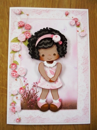 Cute Little Pink Flowers Ethnic Lady A5 Card Front and Decoupage by Valerie ODonnell