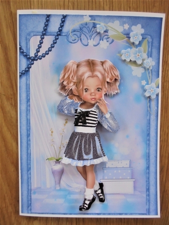 Sweet Little Fashionista in Blue A5 Card Front & Decoupage by Valerie ODonnell