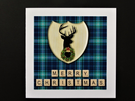 Merry Christmas card in blue and green tartan, stag emblem, wreath and scrabble letters topper for 6x6 card by Valerie Spowart