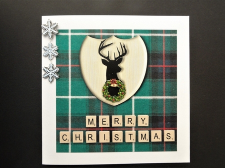 Merry Christmas card in green tartan, stag emblem, wreath and scrabble letters topper for 6x6 card by Valerie Spowart