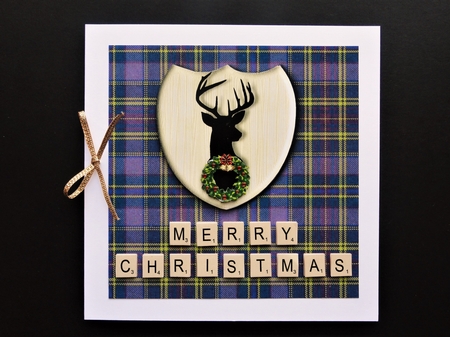 Merry Christmas card in purple tartan, stag emblem, wreath and scrabble letters topper for 6x6 card by Valerie Spowart