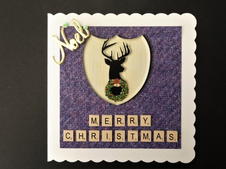 Merry Christmas card in Purple Harris Tweed , stag emblem, wreath and scrabble letters topper for 6x6 card by Valerie Spowart