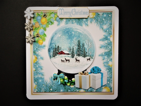  Turq Holly and Baubles frame edged with gold card front with snow globe by Valerie Spowart