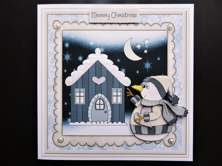Snowman looks at the house by Valerie Spowart