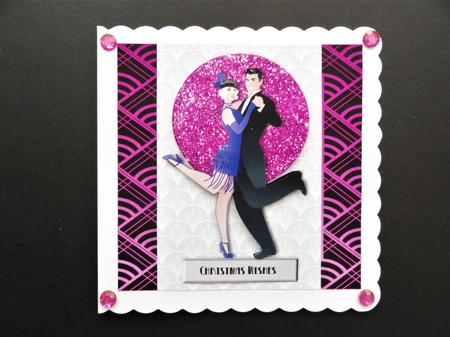 Art Deco Dancing couple Christmas card topper for 6x6 card in hot pink by Valerie Spowart