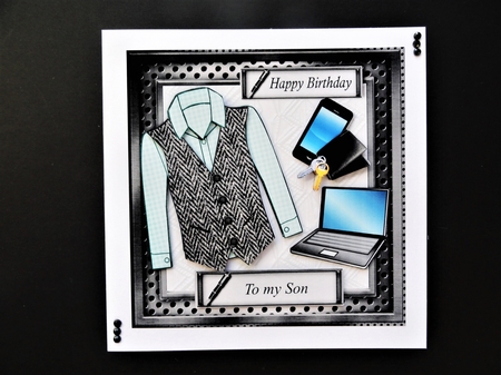  Male birthday card with green checked shirt and Grey herringbone Harris tweed waistcoat, topper for 6x6 card by Valerie Spowart