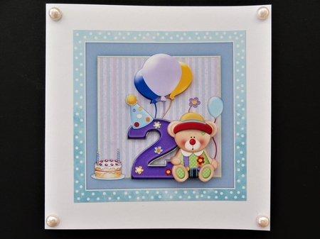 300dpi 6 x 6 ins Topper & Decoupage-Clown Bear 2nd Birthday, son/grandson/Nephew by Valerie Spowart
