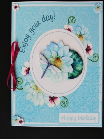 Birthday greeting card with flowers and dragonfly by Valerie Spowart