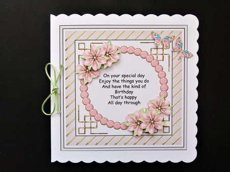 Pink and gold circle floral frame with verse, floral decoupage & optional butterflies by Valerie Spowart