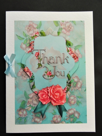 Thank You Roses A5 Decoupage Card Front - Pink and Aqua by Valerie Spowart