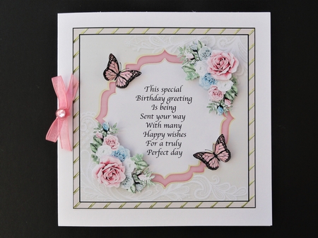 Gold and cream floral pink frame A4 sheet for 7 x 7 card with floral decoupage  by Valerie Spowart