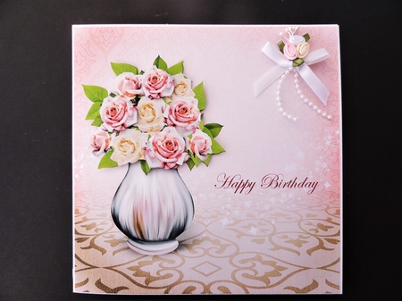Vase of Roses 8x8 Decoupage Card - Happy Birthday - Pink & Biege by Valerie Spowart