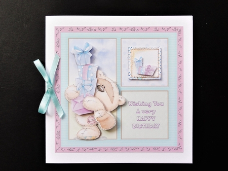300dpi 6x6in Topper & Decoupage-Teddy with pile of presents-Birthday-Brother, Son, Dad by Valerie Spowart