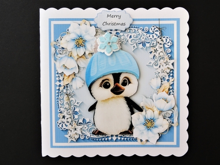 Gorgeous Penguin In A Bobble Hat  With Blue Festive Flowers 6x6 by Valerie Spowart