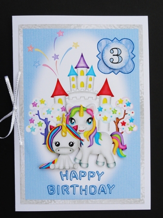 Birthday Unicorns 1 - A5 card front with decoupage by Valerie Spowart