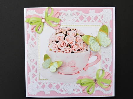 pretty pink roses in a teacup with butterflies 8x8 by Valerie Spowart