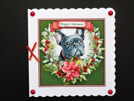 Christmas Poinsettias Watercolour French Bulldog (2) Puppy Dog - 6 x 6 Card Topper With Decoupage & Tags by Valerie Spowart