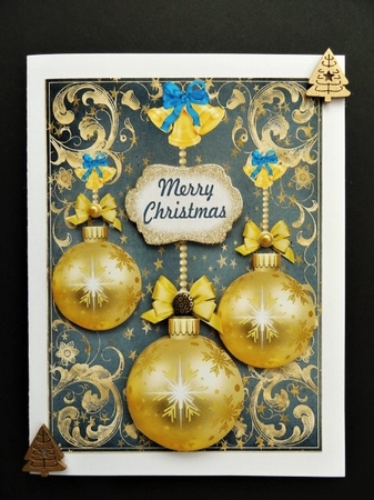 Blue and gold baubles card front 2 by Valerie Spowart