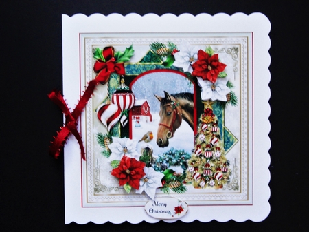 Horse and Robin Christmas Card Front With Decoupage by Valerie Spowart