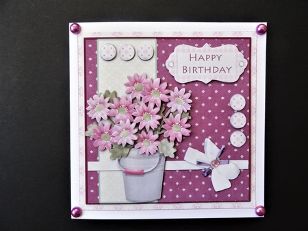 Pink Flowers in a Bucket 7.5 Inch Card Front and Insert with Various Sentiments by Valerie Spowart