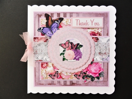 6 x 6 Card Front Shabby Floral Butterflies/Lace with Toppers and Sentiment Toppers, Pink/Lilac by Valerie Spowart