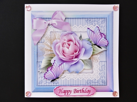 pretty pink rose in rainbow frame with butterflies card front 7x7 by Valerie Spowart