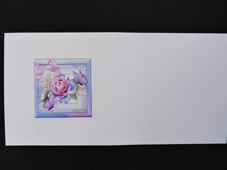 pretty pink rose in rainbow frame with butterflies card front 7x7 by Valerie Spowart
